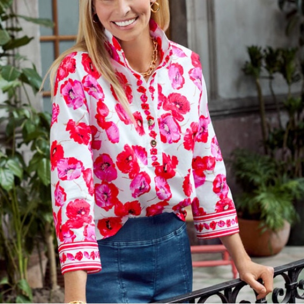 TALBOTS Poppy Floral Popover Blouse, Size L